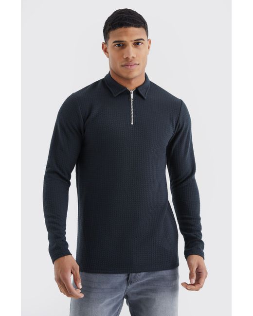 BoohooMAN Blue Long Sleeve Slim Cable Textured Polo for men