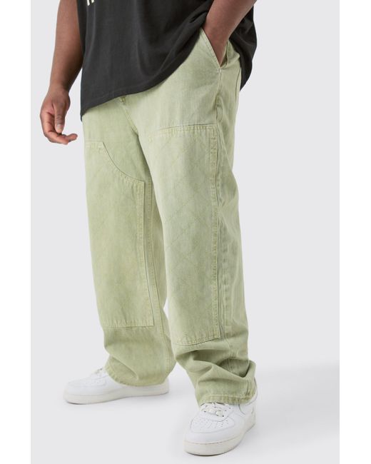 BoohooMAN Green Plus Relaxed Rigid Top Stitch Detail Overdyed Carpenter Jean for men