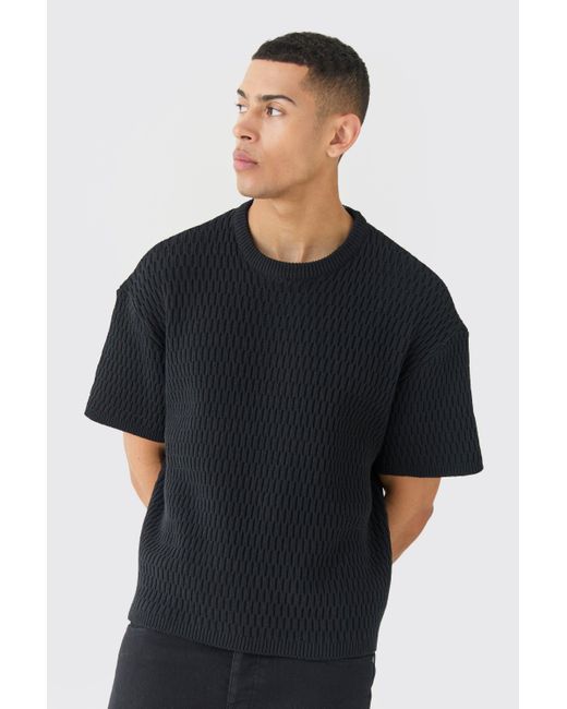 BoohooMAN Black Oversized Textured Open Knit T-shirt for men