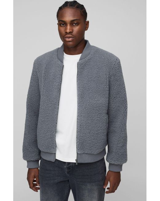 BoohooMAN Men's Gray Regular Fit Borg Bomber Jacket