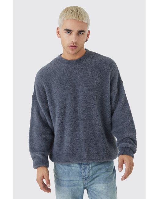 BoohooMAN Blue Oversized Crew Neck Fluffy Knitted Jumper for men