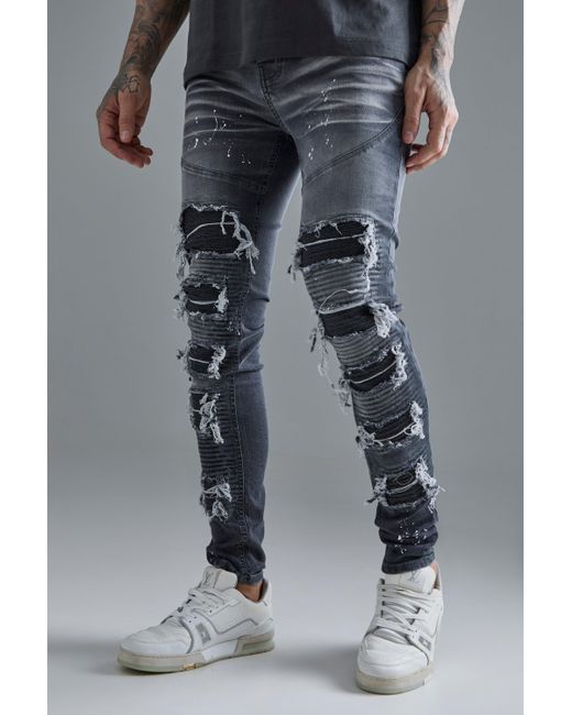 BoohooMAN Black Tall Super Skinny Pu Biker Rip & Repair Paint Splatter Jeans for men