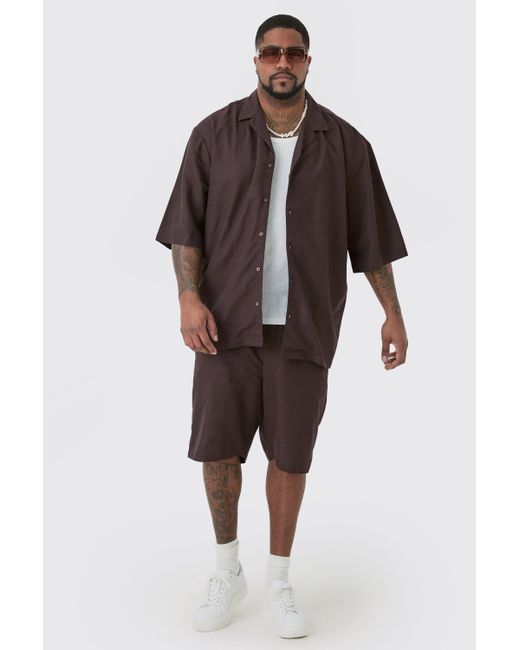 BoohooMAN Brown Plus Drop Revere Linen Shirt & Short Set In Chocolate for men