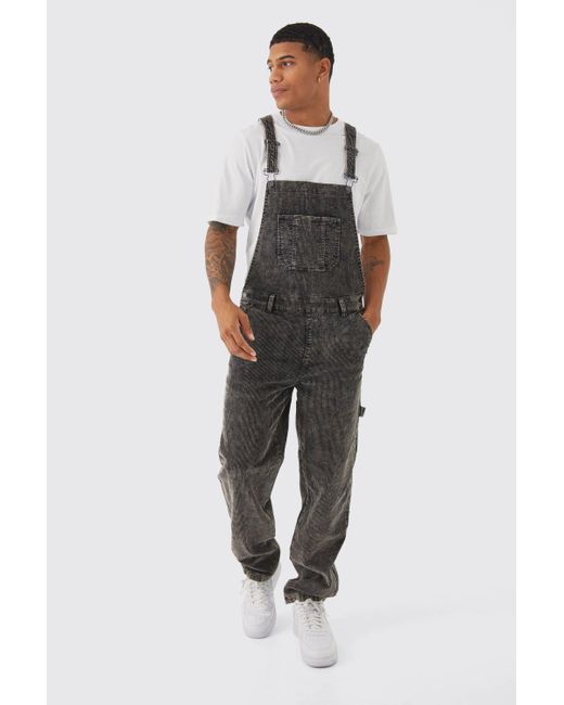 BoohooMAN Black Relaxed Acid Wash Cord Dungaree for men