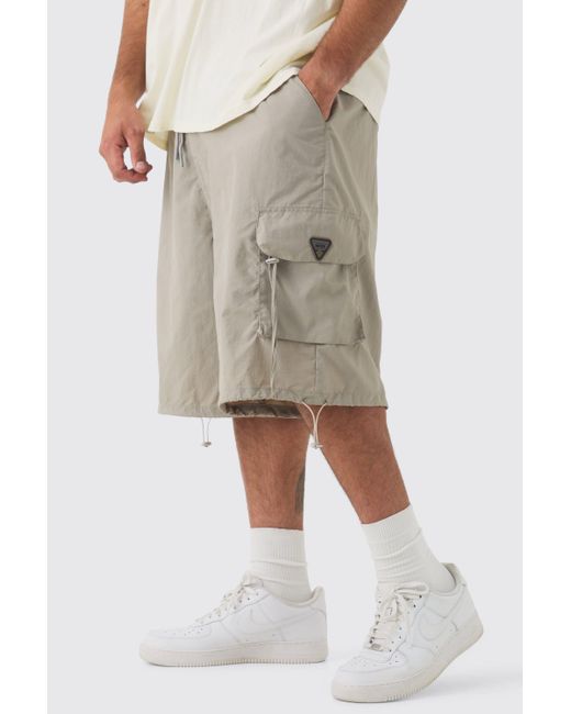 BoohooMAN Natural Plus Crinkle Nylon Cargo Parachute Shorts In Stone for men