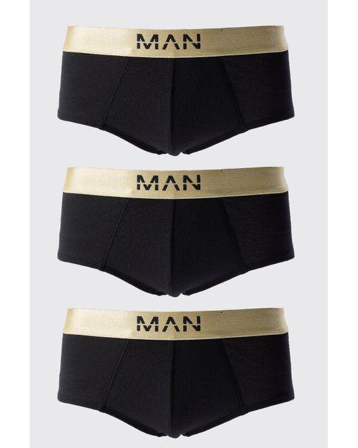 BoohooMAN 3 Pack Dash Gold Waistband Briefs In Black for men