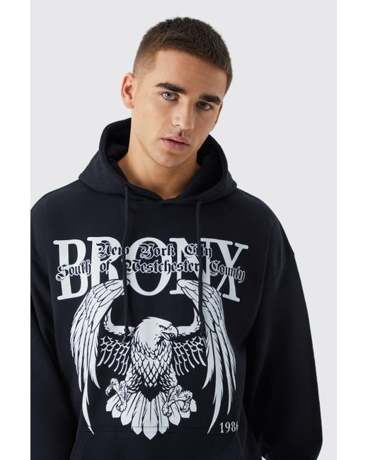 BoohooMAN Blue Oversized Bronx Eagle Graphic Hoodie for men