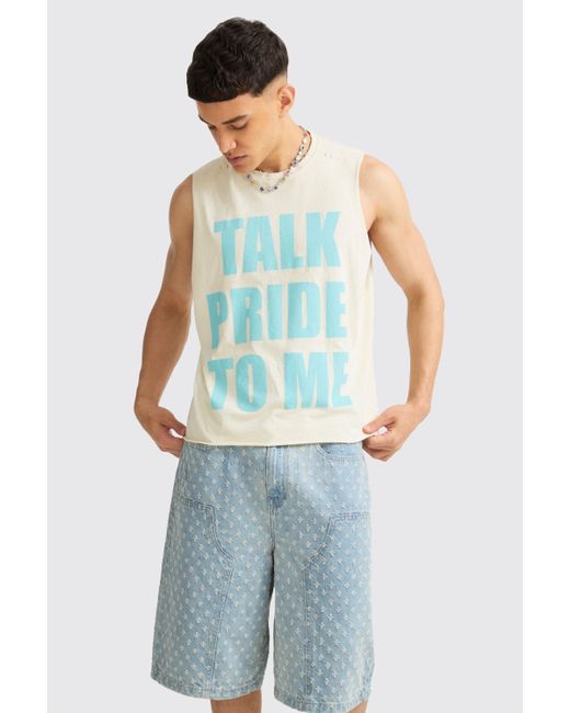 BoohooMAN Blue Oversized Boxy Talk Pride To Me Distressed Tank for men