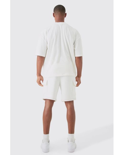 BoohooMAN White Loose Fit Mid Length Contrast Stitch Cargo Short for men
