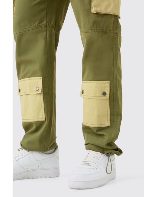 BoohooMAN Tall Fixed Waist Washed Twill Straight Leg Cargo Trouser in Green für Herren