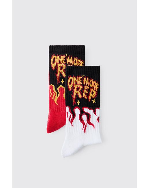 BoohooMAN Red Active 2 Pack One More Rep Flame Socks for men