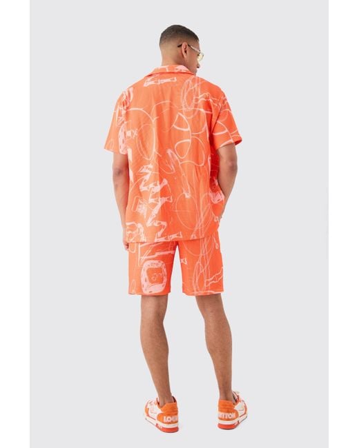 BoohooMAN Orange Oversized Doodle Printed Pleated Shirt & Short Set for men