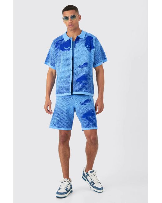 BoohooMAN Boxy Line Drawing Knitted Shirt And Short Set in Blue für Herren