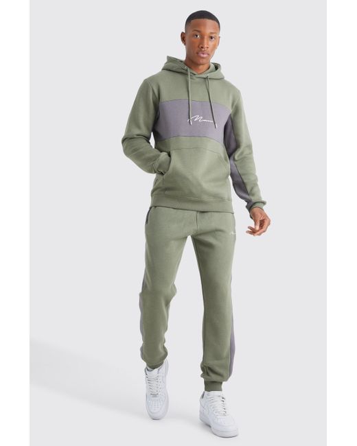 BoohooMAN Man Signature Slim-Fit Colorblock Trainingsanzug mit Kapuze in Green für Herren