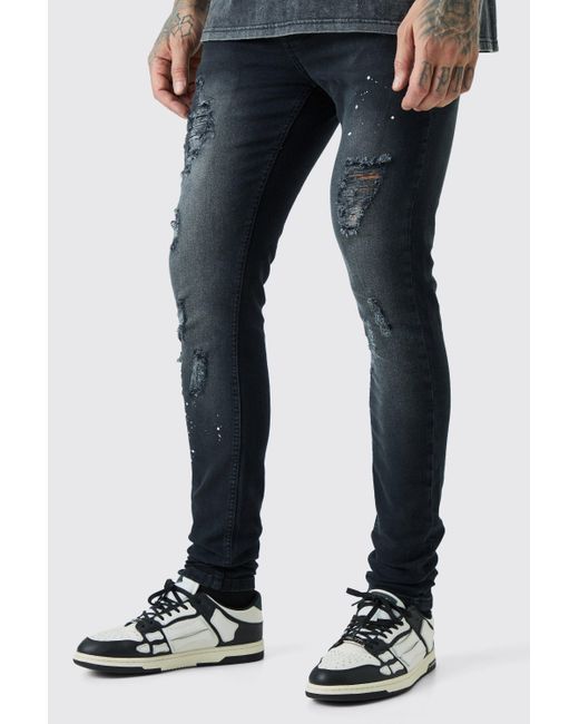 BoohooMAN Black Tall Super Skinny Distressed Paint Splat Jeans for men