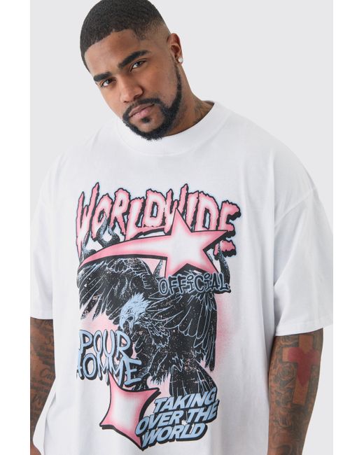 BoohooMAN Plus Oversized Worldwide Eagle T-shirt In White for men