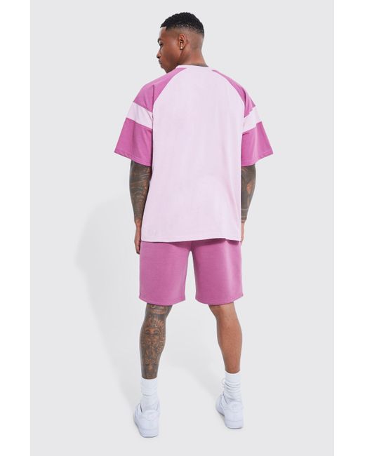 Boohoo Oversized Ofcl Colour Block T-shirt & Short Set in Pink | Lyst