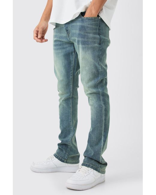 BoohooMAN Skinny Stretch Flare Jean In Antique Blue for men