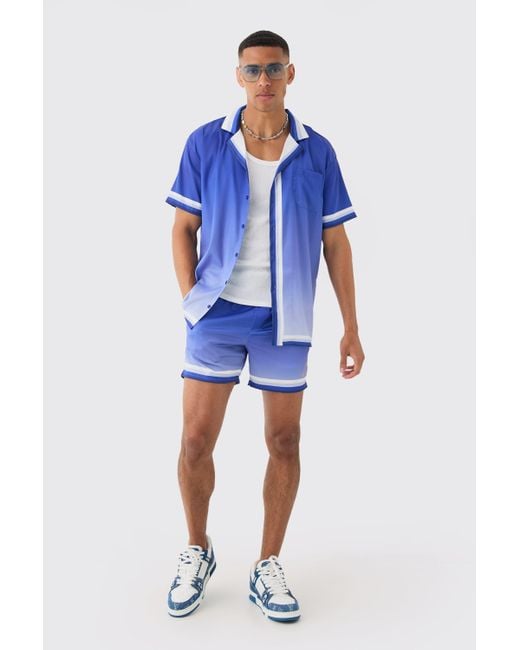 Boohoo Blue Oversized Ombre Short Sleeve Satin Shirt & Short Set