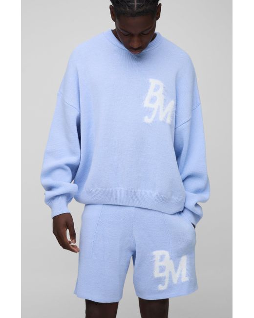 BoohooMAN Blue Boxy Fit Fluffy Bm Knitted Jumper And Shorts Set for men