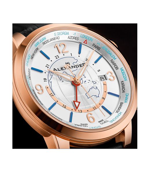 BoohooMAN Metallic Alexander Alexander A171a Journeyman 2 Luxury 42mm World Traveler Watch With Dark Blue Enamel Earth Pattern Crown for men