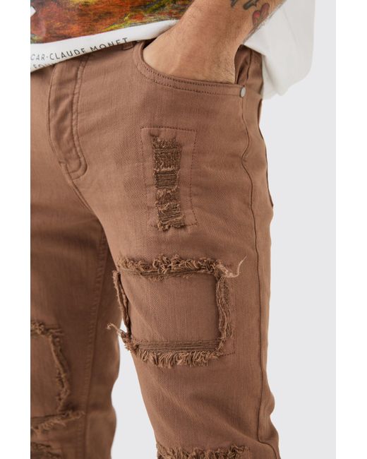 BoohooMAN Skinny Stretch Distressed Rip & Repair Jeans In Stone Wash in Multicolor für Herren