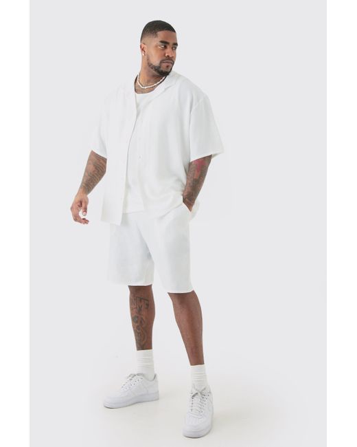 BoohooMAN Plus Short Sleeve Drop Revere Linen Shirt & Short Set In White for men