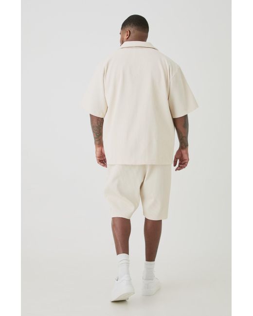 BoohooMAN Natural Plus Drop Revere Pleated Shirt & Short Set In Ecru for men