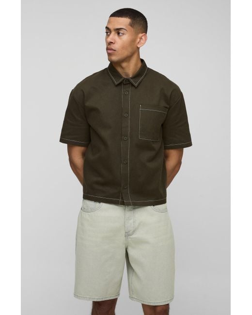 BoohooMAN Kastiges Oversize Twill-Hemd mit Kontrast-Naht in Green für Herren