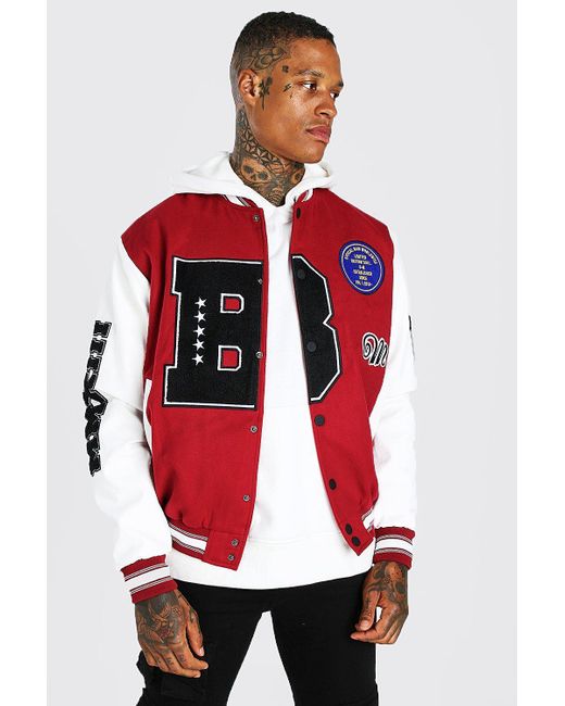 BoohooMAN Red B Varsity Patch Bomber With Leather Look Sleeves for men