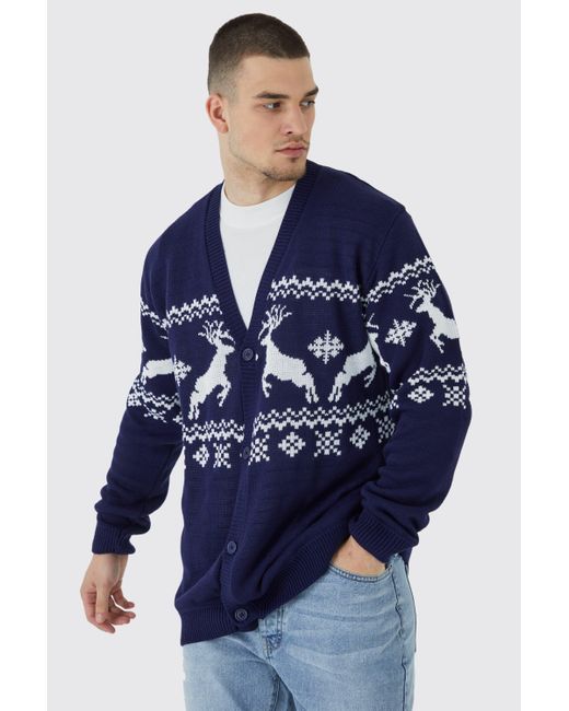 BoohooMAN Blue Tall Reindeer Fairisle Christmas Cardigan for men