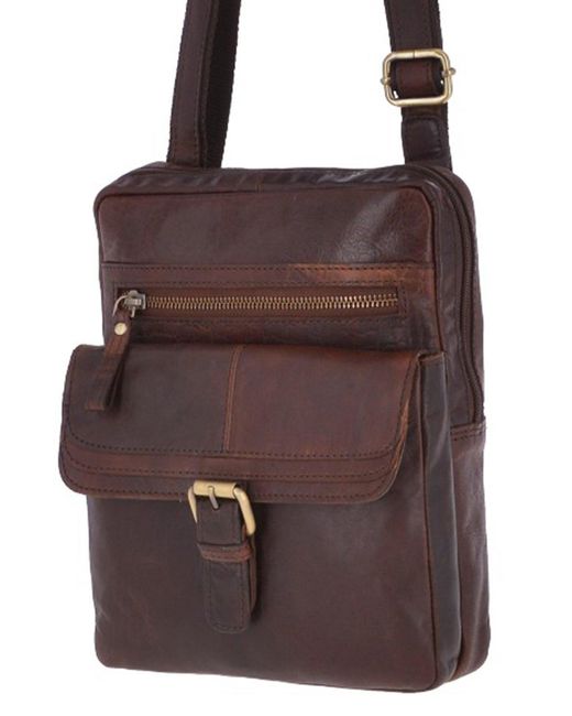 BoohooMAN Brown Ashwood Leather Real Leather Vintage Flight Shoulder Bag for men