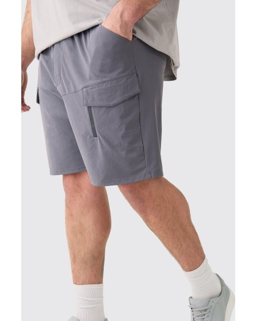 BoohooMAN Gray Plus Elastic Relaxed Lightweight Stretch Cargo Zip Short for men