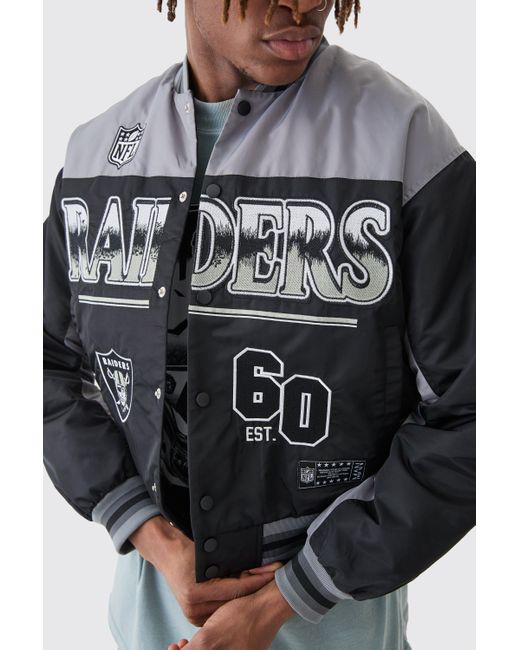 BoohooMAN Nfl Boxy Raiders Varsity Nylon Embroidered Jacket in Gray für Herren