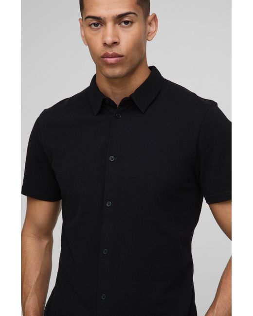 Camisa Ajustada De Tela Jersey Y Piqué Con Botones Y Cuello Boohoo de color Black