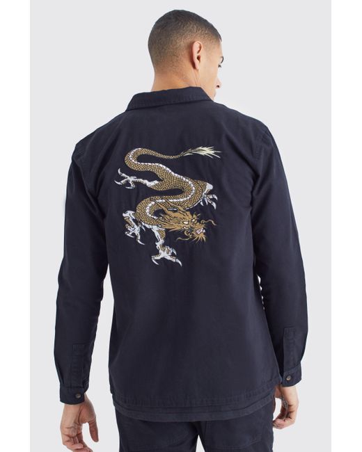 BoohooMAN Blue Twill Longsleeve Dragon Embroidered Overshirt for men