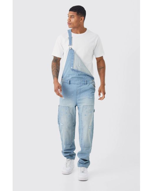 BoohooMAN Blue Relaxed Carpenter Distressed Dungaree for men