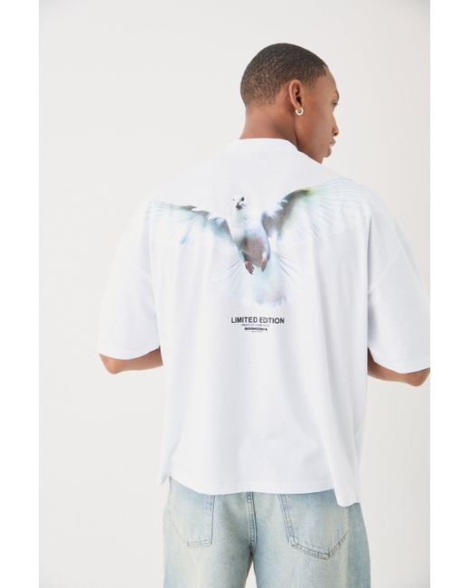 BoohooMAN Oversized Boxy Extended Neck Limited Edition Dove T-shirt in White für Herren
