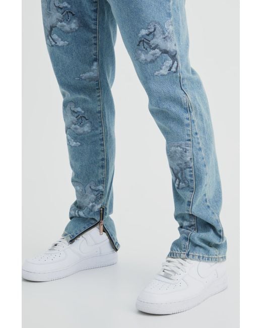 BoohooMAN Blue Slim Rigid All Over Graphic Gusset Jeans for men