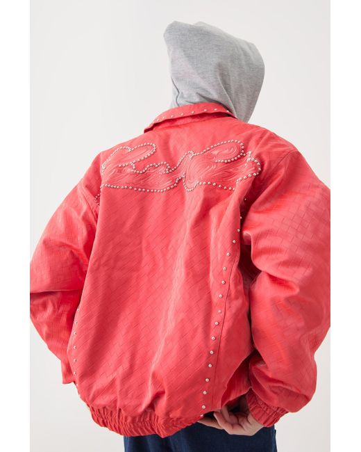 BoohooMAN Pink Oversized Weave Pu Bomber for men