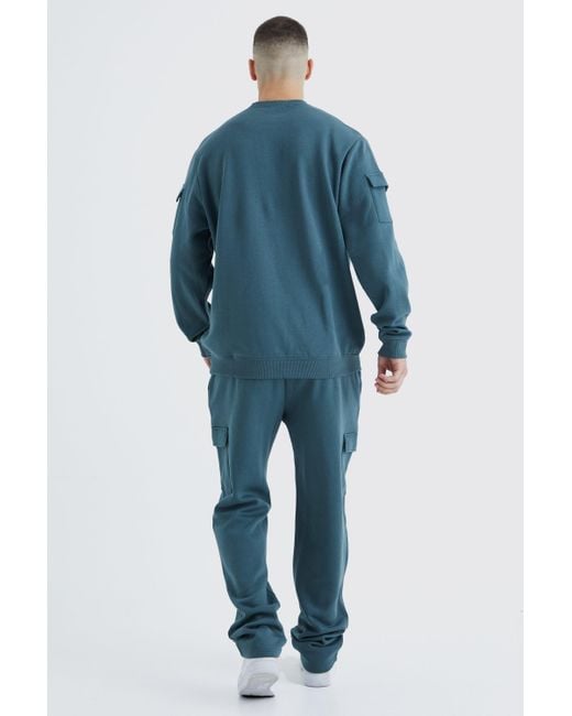 BoohooMAN Blue Tall Cargo Pocket Crotch Sweatshirt Tracksuit for men