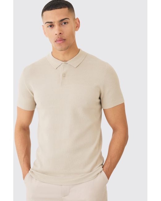 BoohooMAN Natural Regular Fit Button Up Knitted Polo for men
