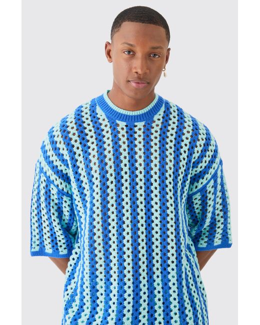 BoohooMAN Blue Oversized Open Stitch Stripe Knitted T-shirt for men