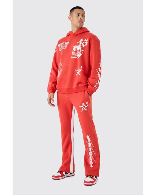 BoohooMAN Red Oversized Graffiti Hoodie Tracksuit for men