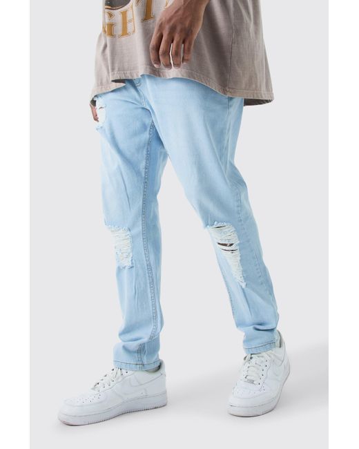 BoohooMAN Blue Plus Acid Wash Ripped Knee Straight Fit Jean for men