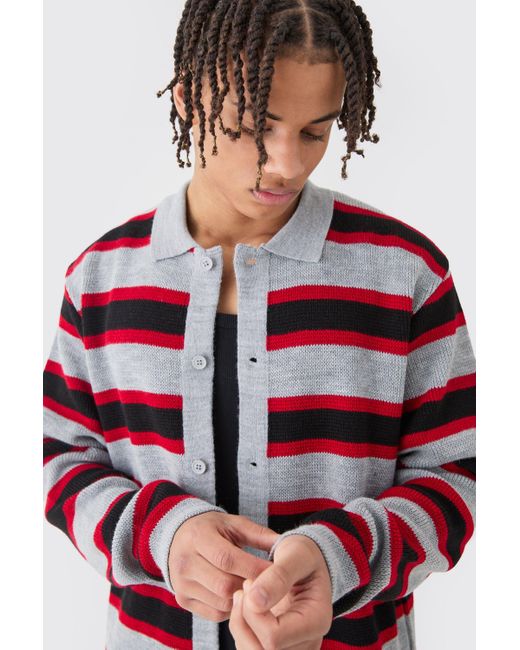 BoohooMAN Red Oversized Long Sleeve Stripe Knit Shirt In Black for men