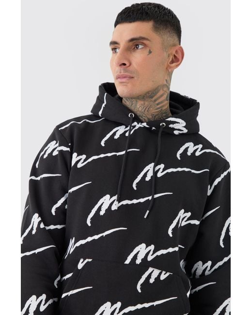 BoohooMAN Black Tall Man Signature All Over Print Hoodie Tracksuit for men