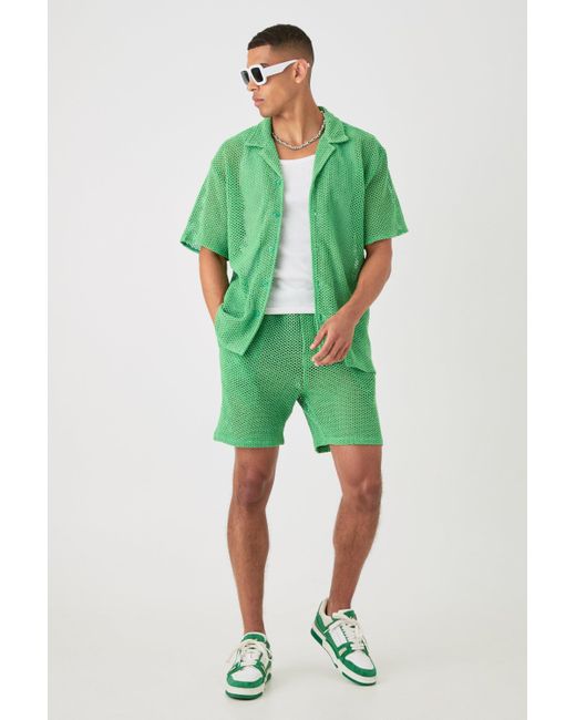 BoohooMAN Green Boxy Open Stitch Shirt & Short for men