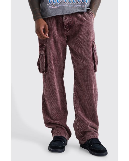 BoohooMAN Red Relaxed Acid Wash Corduroy Cargo Trouser for men