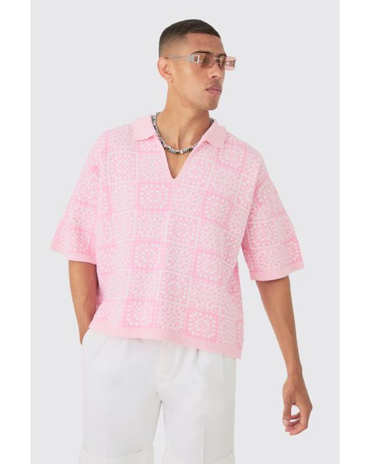 BoohooMAN Pink Oversized Boxy Crochet Knitted Polo for men